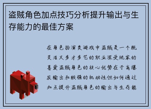 盗贼角色加点技巧分析提升输出与生存能力的最佳方案